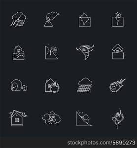 Natural disaster danger outline icons set with tsunami snow thunderstorm isolated vector illustration