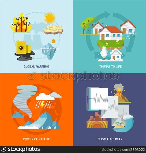 Natural disaster design concept set with global warming life threat power of nature seismic activity flat icons isolated vector illustration. Natural Disaster Flat