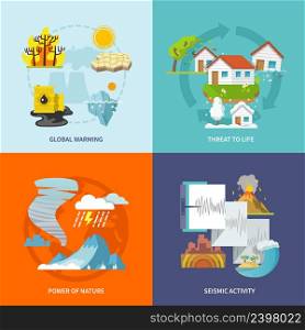 Natural disaster design concept set with global warming life threat power of nature seismic activity flat icons isolated vector illustration. Natural Disaster Flat