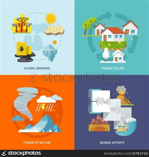 Natural disaster design concept set with global warming life threat power of nature seismic activity flat icons isolated vector illustration
