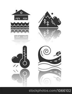 Natural disaster drop shadow black glyph icons set. Geological and atmospheric hazards. Flood, avalanche, weather forecast, tsunami. Destructive force of nature. Isolated vector illustrations