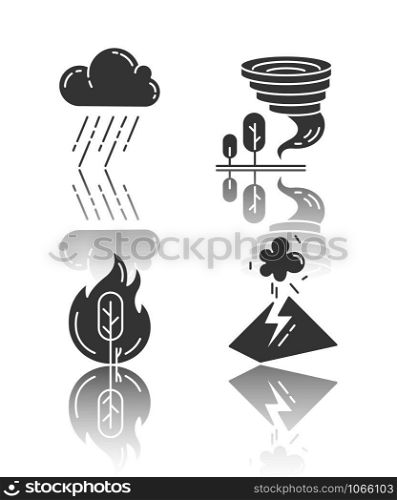 Natural disaster drop shadow black glyph icons set. Global climate changes. Wildfire, downpour, volcanic eruption, tornado. Environmental hazards. Isolated vector illustrations