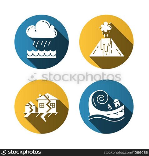 Natural disaster flat design long shadow glyph icons set. Geological and atmospheric hazards. Flood, volcanic eruption, earthquake, tsunami. Destructive force of nature. Vector silhouette illustration