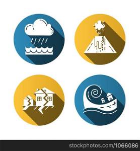 Natural disaster flat design long shadow glyph icons set. Geological and atmospheric hazards. Flood, volcanic eruption, earthquake, tsunami. Destructive force of nature. Vector silhouette illustration