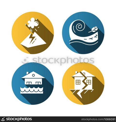 Natural disaster flat design long shadow glyph icons set. Geological and atmospheric hazards. Flood, tsunami, volcanic eruption, earthquake. Destructive force of nature. Vector silhouette illustration