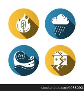 Natural disaster flat design long shadow glyph icons set. Global catastrophes. Wildfire, earthquake, tsunami, downpour. Destructive force of nature. Vector silhouette illustration