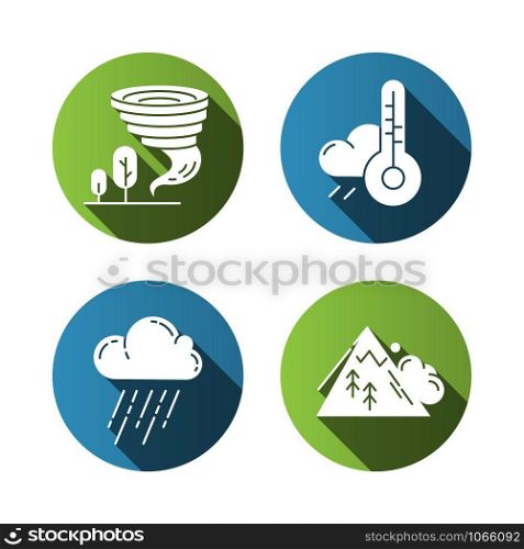 Natural disaster flat design long shadow glyph icons set. Global climate changes. Weather forecast, avalanche, tornado, downpour. Environmental hazards. Vector silhouette illustration
