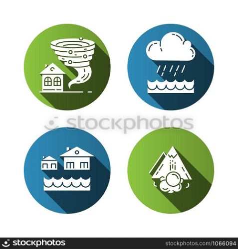 Natural disaster flat design long shadow glyph icons set. Global climate changes danger. Tornado, flood, downpour, avalanche. Geological, atmospheric catastrophes. Vector silhouette illustration