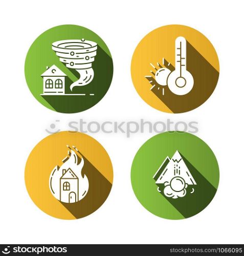 Natural disaster flat design long shadow glyph icons set. Tornado, drought, fire, avalanche. Insurance case. Extreme events. Destructive force of nature. Vector silhouette illustration