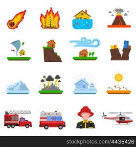 Natural Disaster Flat Icons Collection . Natural disasters flat icons set with forest fire tsunami wave and earth quake symbols abstract isolated vector illustration