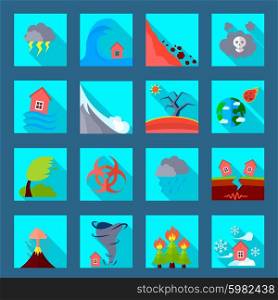 Natural disaster flat icons set. Natural disasters catastrophes flat icons set with volcanic eruption flood tornado and earthquake abstract isolated vector illustration