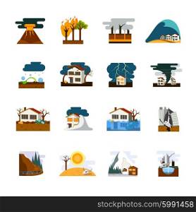 Natural Disaster Flat Icons Set. World worst natural disasters symbols flat pictograms collection with earthquake tsunami and avalanche danger isolated vector illustration