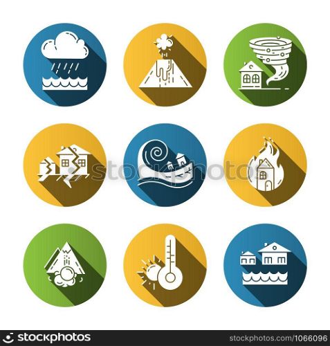 Natural disaster flat long shadow glyph icons set. Global problem. Earthquake, house on fire, tsunami, tornado, avalanche, flood, downpour, volcanic eruption, drought. Vector silhouette illustration. Natural disaster flat design long shadow glyph icons set. Global problem. Earthquake, wildfire, tsunami, tornado, avalanche, flood, downpour, volcanic eruption, drought. Vector silhouette illustration