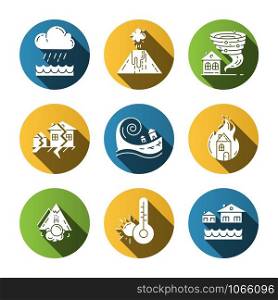 Natural disaster flat long shadow glyph icons set. Global problem. Earthquake, house on fire, tsunami, tornado, avalanche, flood, downpour, volcanic eruption, drought. Vector silhouette illustration. Natural disaster flat design long shadow glyph icons set. Global problem. Earthquake, wildfire, tsunami, tornado, avalanche, flood, downpour, volcanic eruption, drought. Vector silhouette illustration