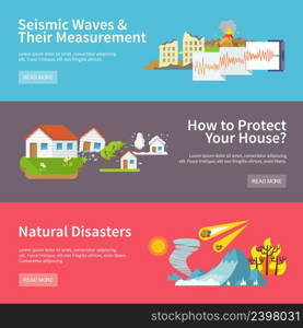 Natural disaster horizontal banners set with seismic waves measurement house protect elements isolated vector illustration. Natural Disaster Banners