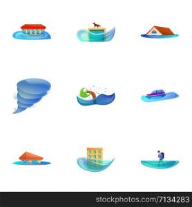 Natural disaster icon set. Cartoon set of 9 natural disaster vector icons for web design isolated on white background. Natural disaster icon set, cartoon style