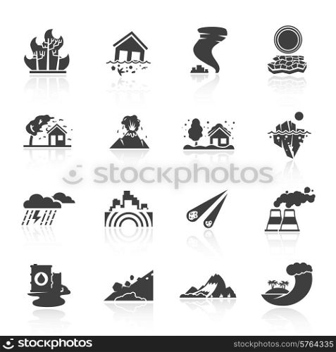 Natural disaster icons black set with tsunami snow storm thunder isolated vector illustration. Natural Disaster Icons