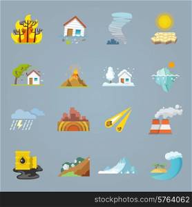 Natural disaster icons flat set with hurricane tornado forest fire isolated vector illustration