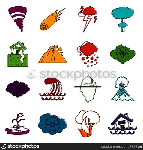 Natural disaster icons set. Doodle illustration of vector icons isolated on white background for any web design. Natural disaster icons doodle set