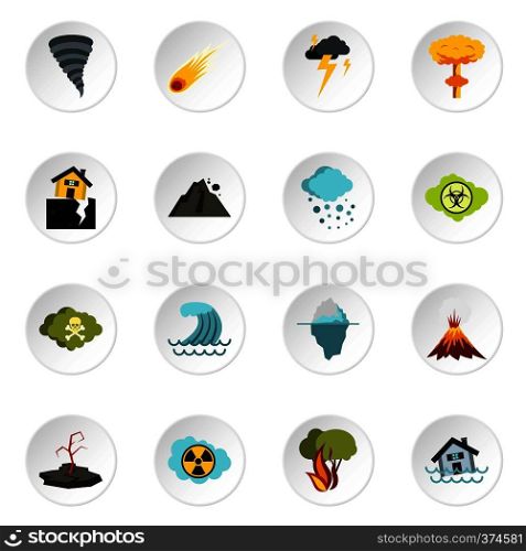 Natural disaster icons set. Flat illustration of 16 natural disaster vector icons for web. Natural disaster icons set, flat style