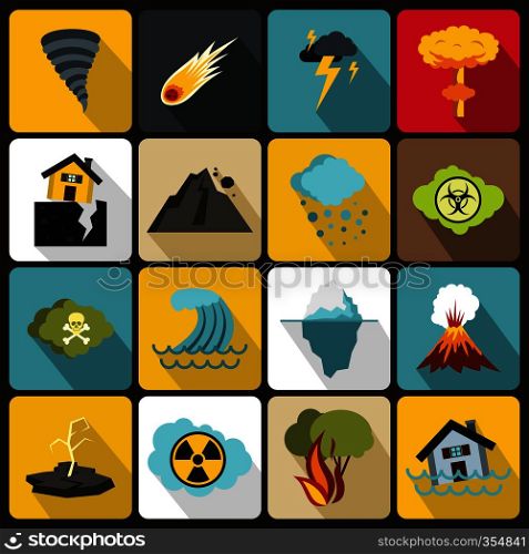 Natural disaster icons set in flat ctyle. Catastrophe and crisis set collection vector illustration. Natural disaster icons set, flat ctyle
