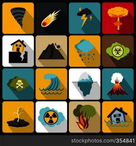 Natural disaster icons set in flat ctyle. Catastrophe and crisis set collection vector illustration. Natural disaster icons set, flat ctyle