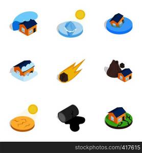 Natural disaster icons set. Isometric 3d illustration of 9 natural disaster vector icons for web. Natural disaster icons, isometric 3d style