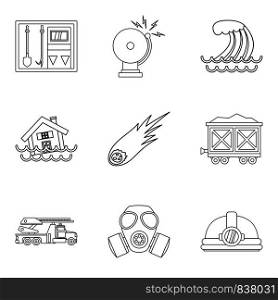 Natural disaster icons set. Outline set of 9 natural disaster vector icons for web isolated on white background. Natural disaster icons set, outline style