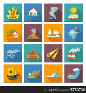 Natural disaster icons set with tide volcano erupting earthquake flood isolated vector illustration