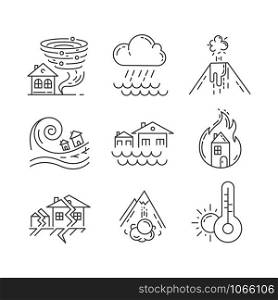 Natural disaster linear icons set. Earthquake, fire, tsunami, tornado, avalanche, flood, downpour, volcanic eruption. Thin line contour symbols. Isolated vector outline illustrations. Editable stroke