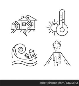 Natural disaster linear icons set. Earthquake, weather forecast, tsunami, volcanic eruption. Global hazards. Thin line contour symbols. Isolated vector outline illustrations. Editable stroke
