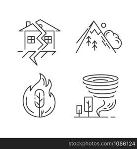 Natural disaster linear icons set. Global catastrophes. Wildfire, earthquake, tornado, avalanche. Force of nature. Thin line contour symbols. Isolated vector outline illustrations. Editable stroke