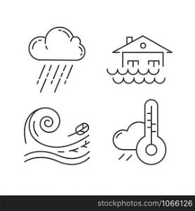 Natural disaster linear icons set. Global climate changes danger. Typhoon, flood, weather forecast, tsunami. Thin line contour symbols. Isolated vector outline illustrations. Editable stroke