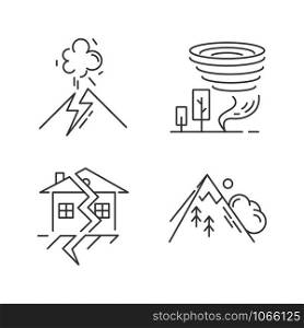 Natural disaster linear icons set. Volcanic eruption, earthquake, tornado, avalanche. Emergency management. Thin line contour symbols. Isolated vector outline illustrations. Editable stroke