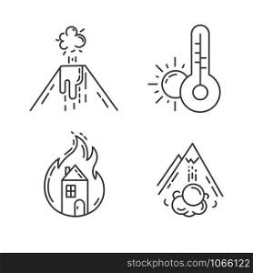 Natural disaster linear icons set. Volcanic eruption, weather forecast, fire, avalanche. Insurance case. Thin line contour symbols. Isolated vector outline illustrations. Editable stroke
