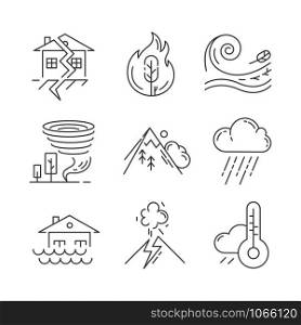 Natural disaster linear icons set. Wildfire, earthquake, tornado, avalanche. Geological and atmospheric catastrophes. Thin line contour symbols. Isolated vector outline illustrations. Editable stroke