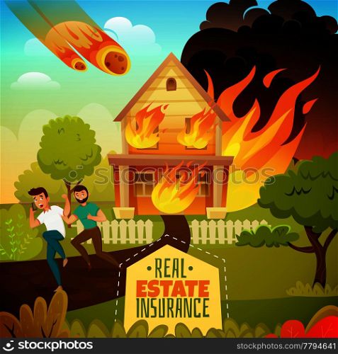 Natural disaster real estate insurance poster with running persons from burning house, falling of meteorite vector illustration. Natural Disaster Illustration