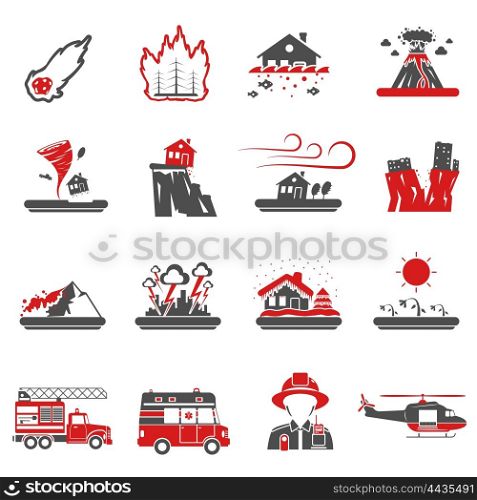 Natural Disaster Red Black Icons Collection . Natural disasters red black icons set with drought hazard and earth quake symbols abstract isolated vector illustration