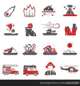Natural Disaster Red Black Icons Collection . Natural disasters red black icons set with drought hazard and earth quake symbols abstract isolated vector illustration
