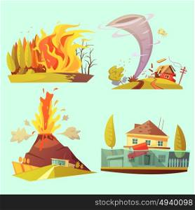 Natural Disaster Retro Cartoon 2x2 Icons Set. Natural disaster retro cartoon 2x2 icons set with fire flood volcanic eruption and tornado flat isolated vector illustration