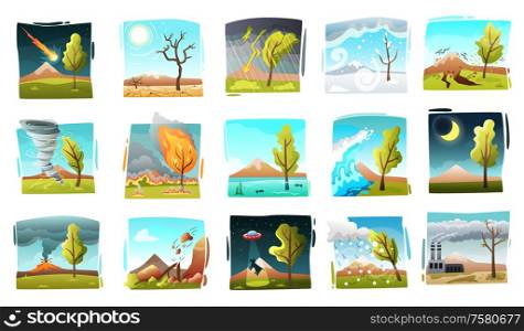 Natural disaster set of isolated drawn style square compositions with wild landscapes and forces of nature vector illustration