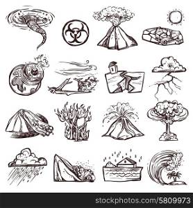 Natural Disaster Sketch Icon Set . Natural disasters earthquake tsunami volcanic tornado and other cataclysm doodle sketch hand drawn isolated vector illustration
