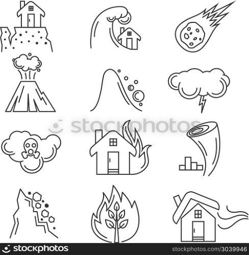 Natural disaster vector icons. Natural disaster icons. Earthquake and tornado, hurricane and tsunami, vector illustration