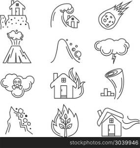 Natural disaster vector icons. Natural disaster icons. Earthquake and tornado, hurricane and tsunami, vector illustration