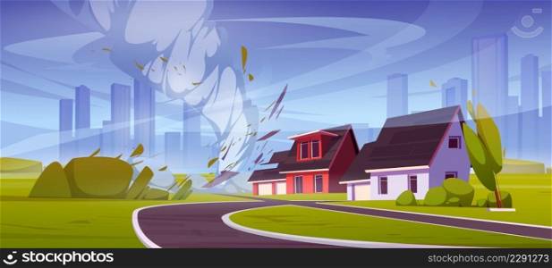 Natural disaster with tornado crashes house roof. Vector cartoon illustration of storm wind swirls, hurricane, twister on summer landscape with damaged buildings. Natural disaster with tornado crashes house roof