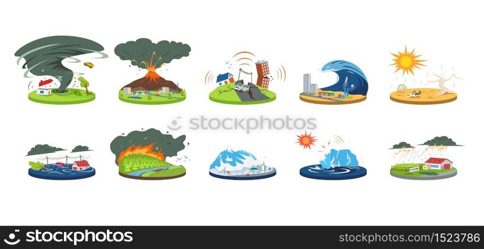 Natural disasters cartoon vector illustration set. Extreme weather conditions. Catastrophe, cataclysm. Flood, avalanche, hurricane. Earthquake, tsunami. Flat color calamities isolated on white