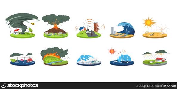Natural disasters cartoon vector illustration set. Extreme weather conditions. Catastrophe, cataclysm. Flood, avalanche, hurricane. Earthquake, tsunami. Flat color calamities isolated on white