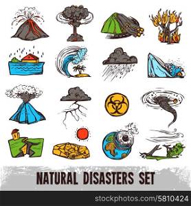Natural disasters color sketch set with hurricane tornado and tsunami isolated vector illustration. Natural Disasters Color Set