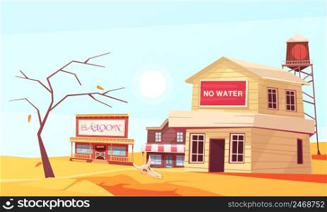 Natural disasters composition with village in desert suffering from drought with houses and dried up tree vector illustration. Drought State Flat Composition