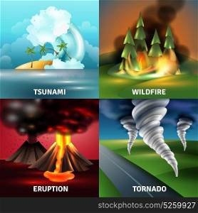 Natural Disasters Design Concept. Natural disasters design concept with tsunami volcano eruption with lava and ash wildfire tornado isolated vector illustration